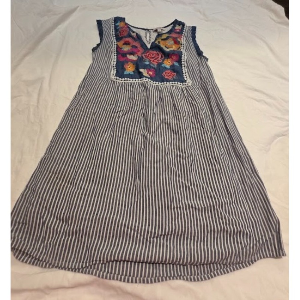 Andree by Unit Womens Small Blue Striped Floral Embroidered Denim Mini Dress
